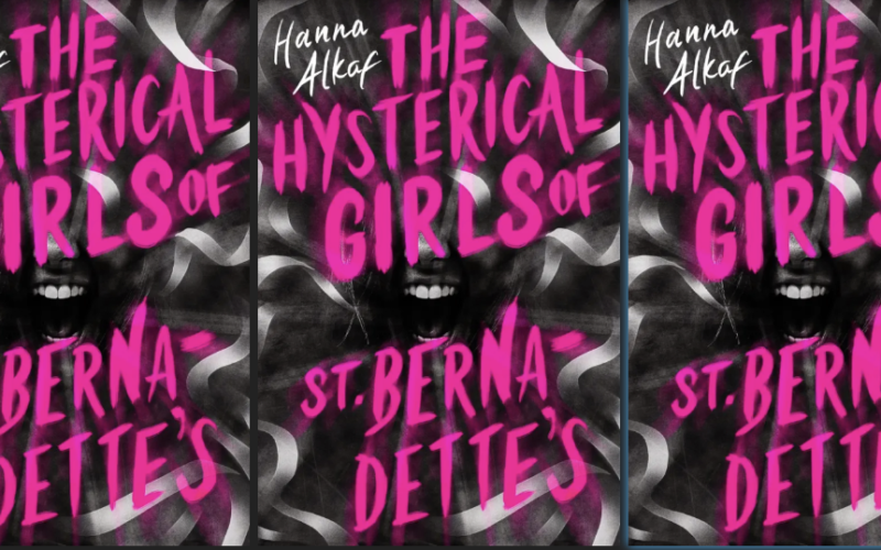 Three book covers in a row of The Hysterical Girls of St. Bernadette's. At the center of each black-and-white cover is an open mouth, clearly screaming. White bandages or ribbons stream out from the mouth chaotically, like they've been blasted by the force of the person's scream. The title is written in all caps, in bright pink paint, across the cover so it centers the screaming mouth.